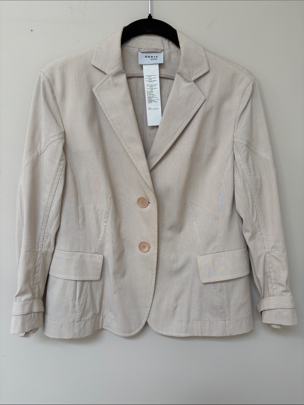 Akris Tailored Cream Pin Striped Blazer with Notch Lapel, Size 10